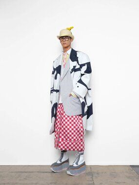 THOM BROWNE Spring 2019 Navy Cotton Twill Coated Whale Print Overcoat, Size 2
